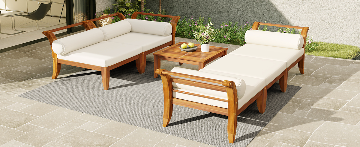 6 Piece Acacia Wood Outdoor Modular Sectional with Daybed - Teak Beige