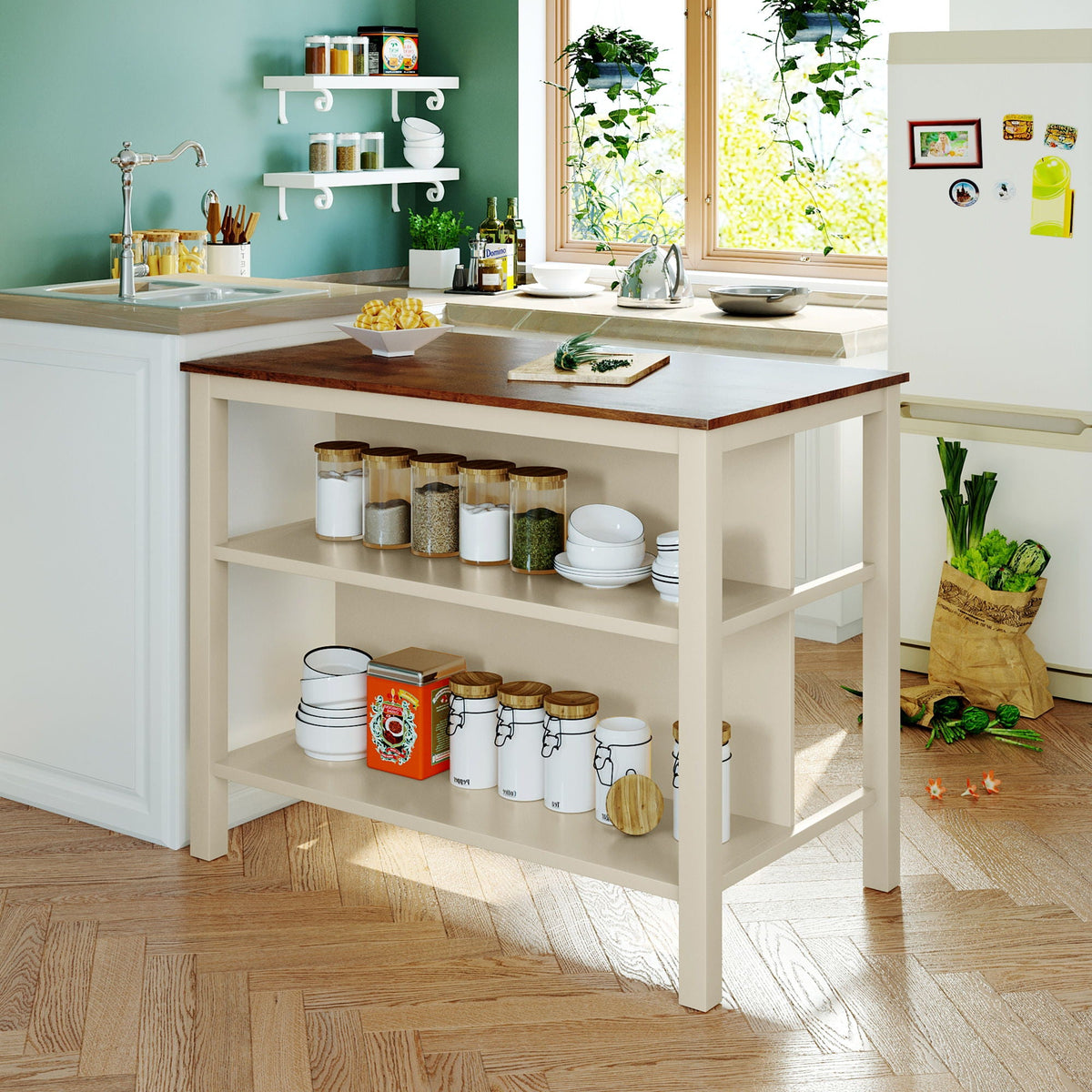 Rustic 3 Piece Stationary Kitchen Island Set With 2 Seatings, With 2 Open Shelves