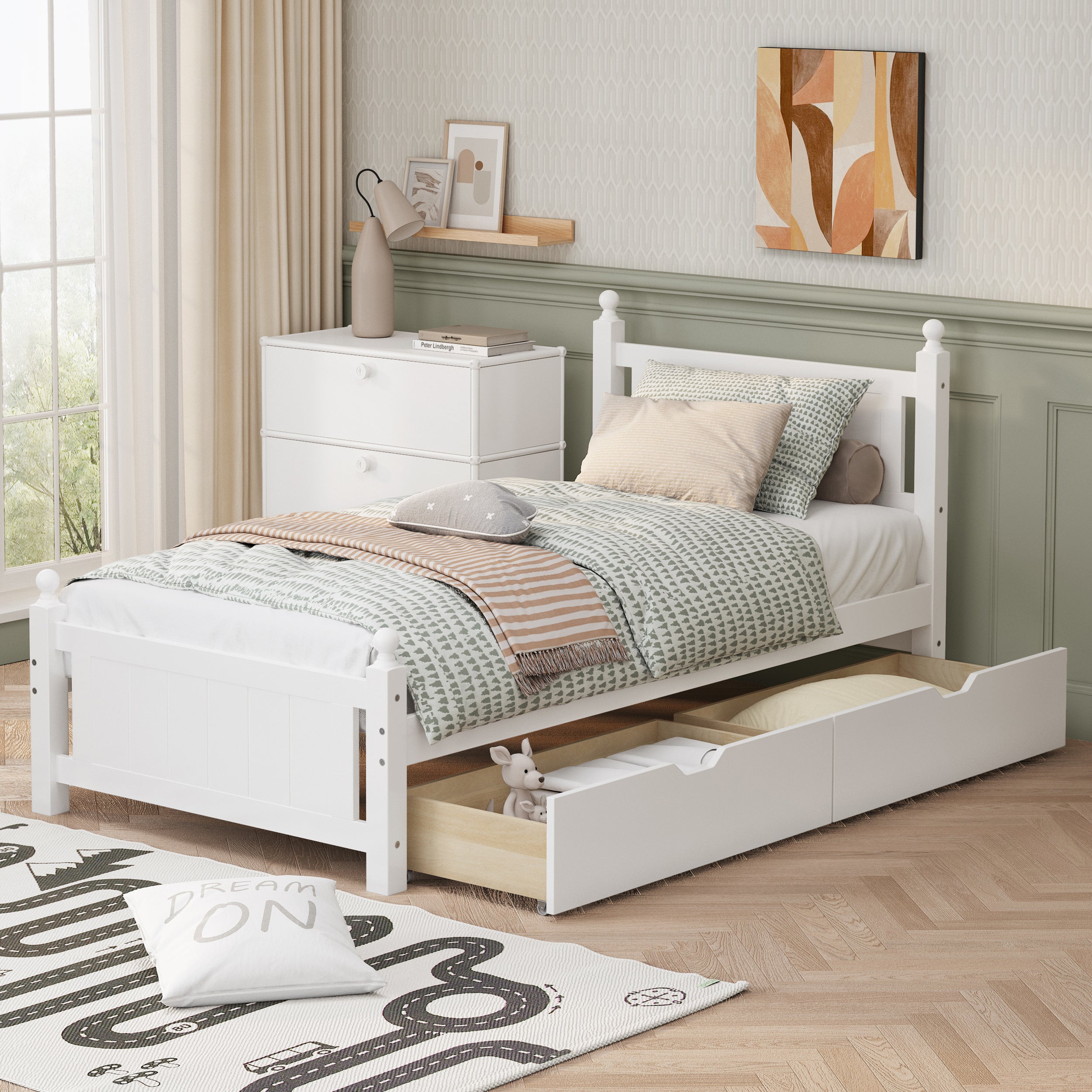 Twin-Size-Solid-Wood-Platform-Bed-Frame-with-2-drawers,-White-Kids-Beds