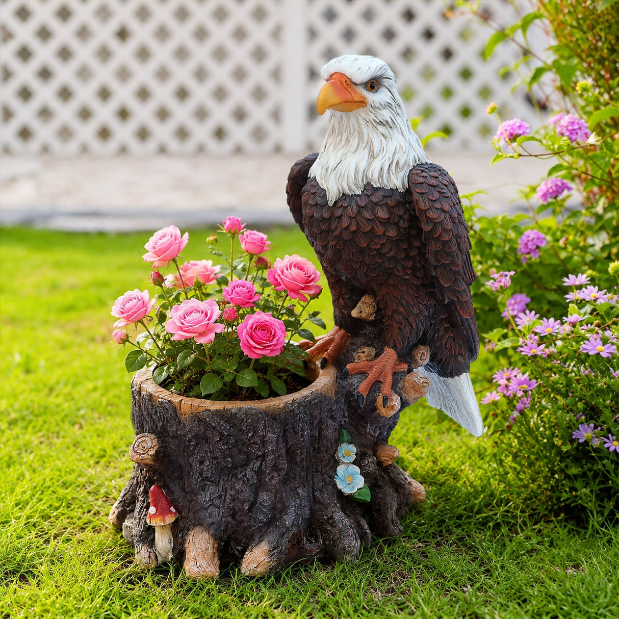 Realistic Standing Eagle Garden Planter on Tree Stump