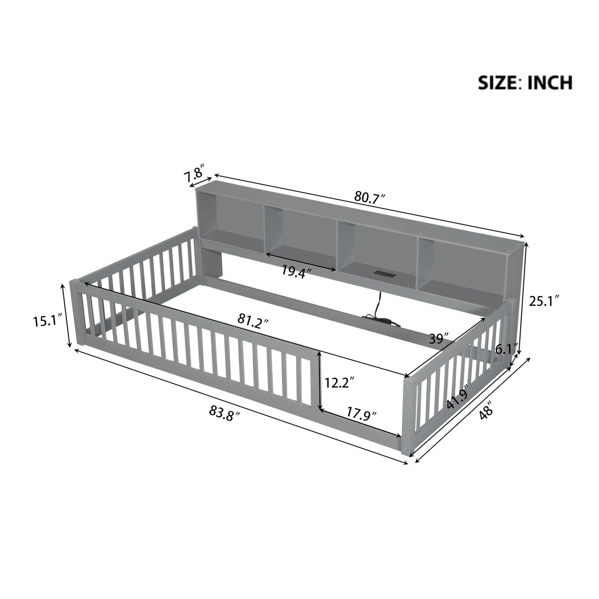 Twin Long Floor Bed With Storage Cabinets And USB Ports - Gray