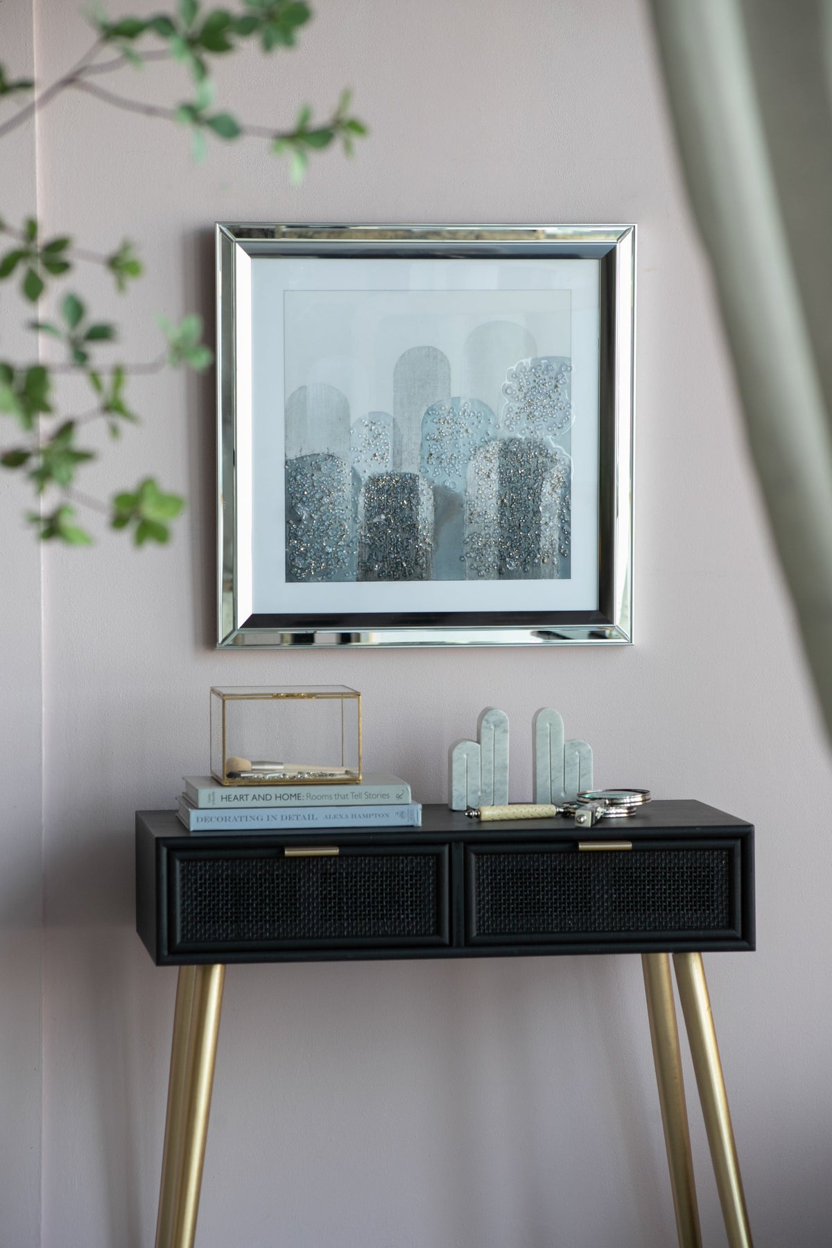 Crystal Mirror Framed Wall Art Set with Night and Day Motif – 23.6” Square