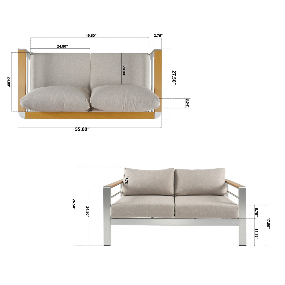 Cora Outdoor Aluminum Loveseat, Silver Frame with Beige Cushion