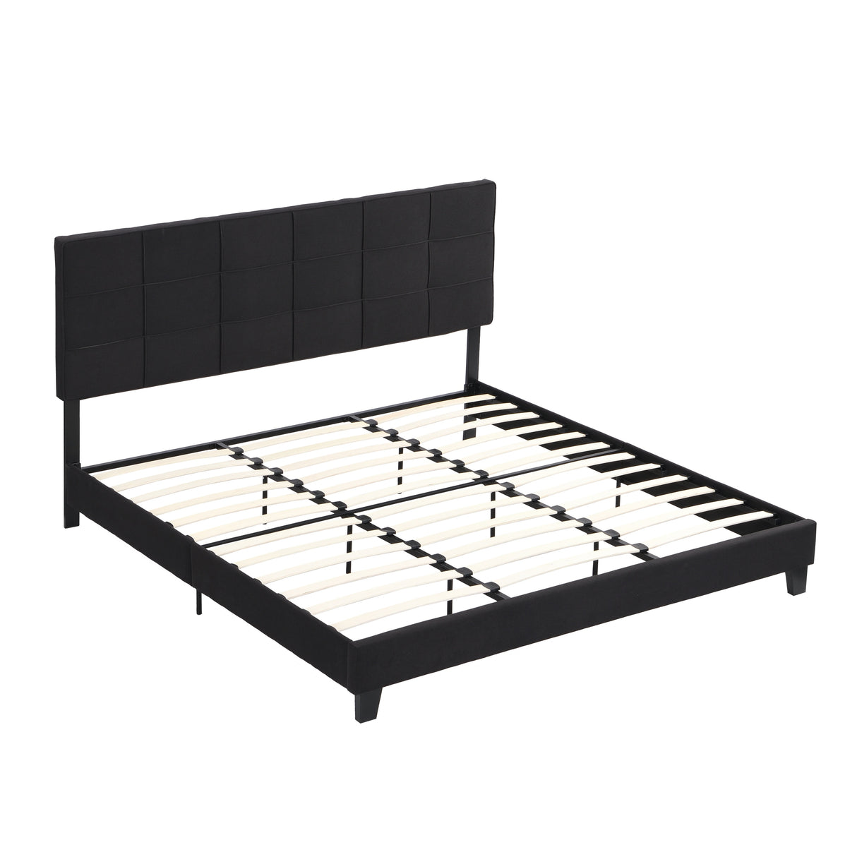 King Size Upholstered Platform Bed Frame with Linen Fabric Headboard, Black