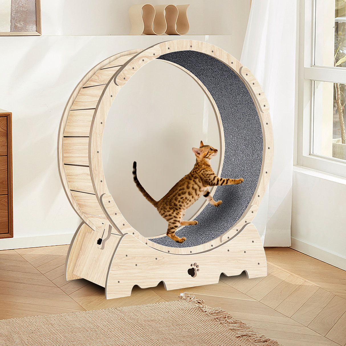 Cat-Exercise-Wheel-for-Indoor-Cats,-37'-Natural-Wood-Color-Pet-Supplies