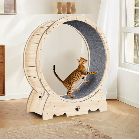 Cat-Exercise-Wheel-for-Indoor-Cats,-37'-Natural-Wood-Color-Pet-Supplies