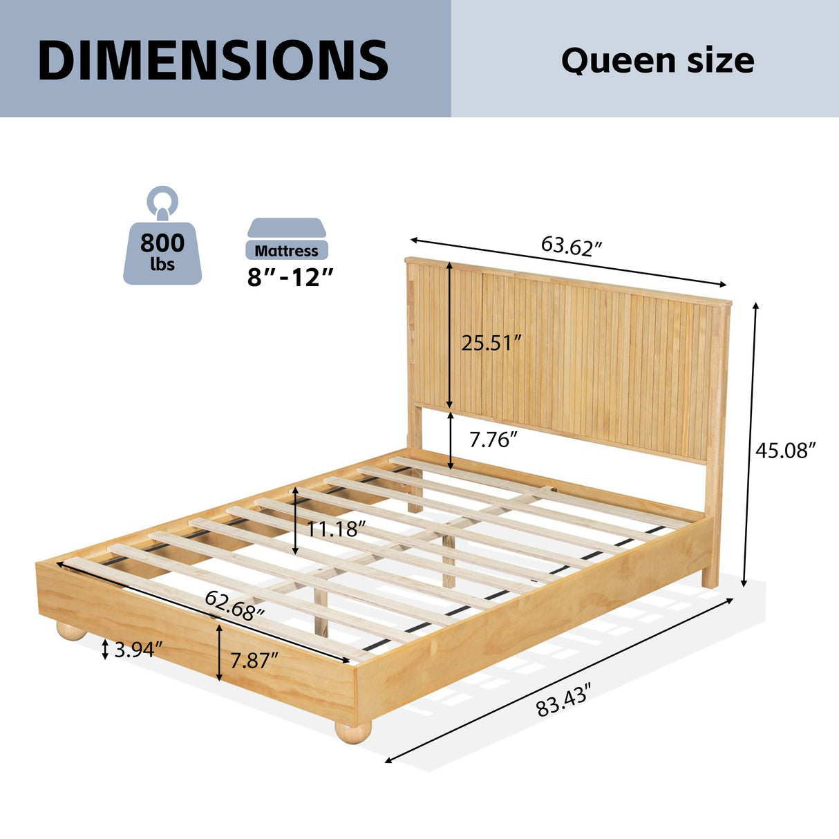 Natural Queen Size Wood Bed Frame With Reeded Headboard