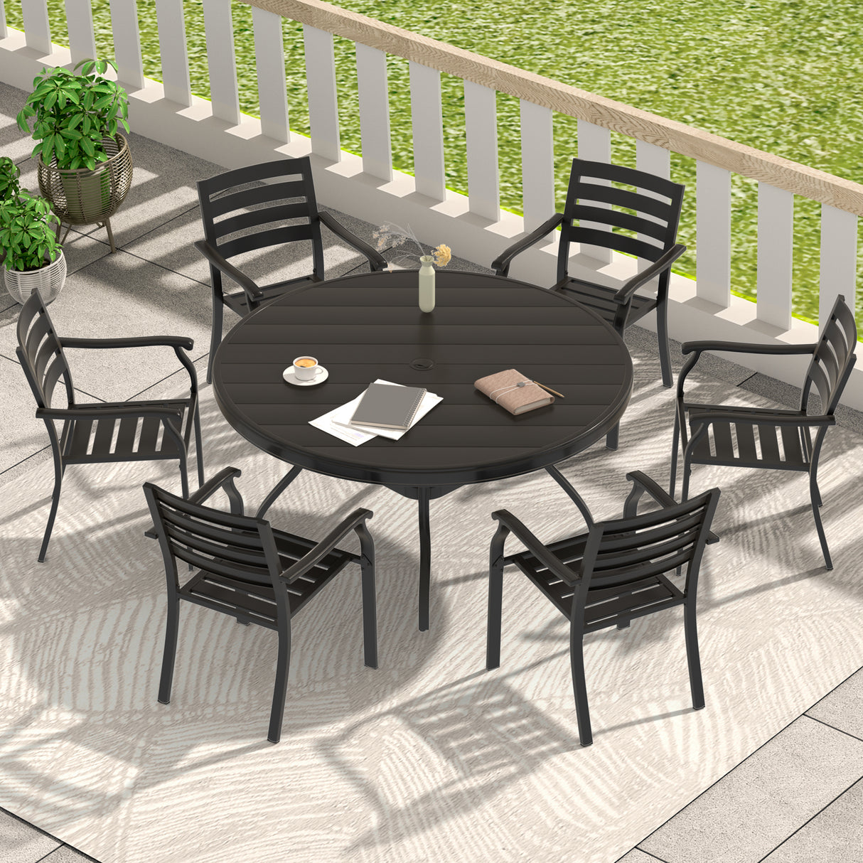 7 Pieces Outdoor Patio Dining Set, 6 Stackable Metal Dining Chairs and 52.95'