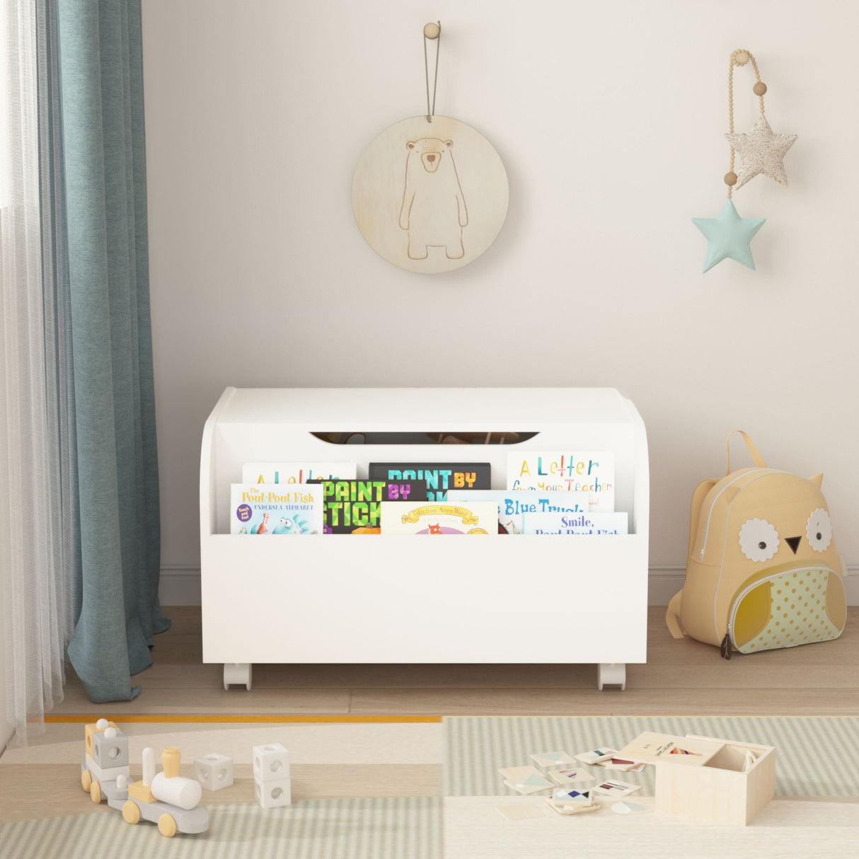 Toy Box with 4 Universal Wheels, Kids Playroom Storage Organizer with Front Bookshelf, Flip Top Lid - White