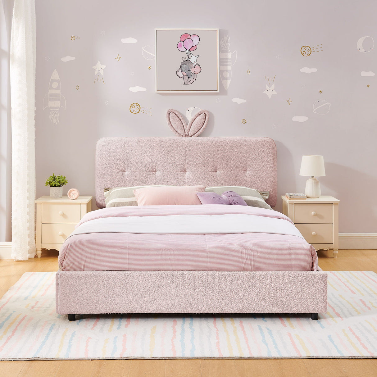 Upholstered Bed With Oversized Rabbit Ear Headboard, LED Lights & 4 Storage Drawers