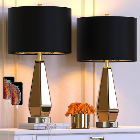 Set-of-2-Mirrored-Glass-Bedside-Table-Lamps-with-2-USB-Ports-for-Bedrooms-Modern-Amber-Side-Nightstand-Lamps-Table-Lamps