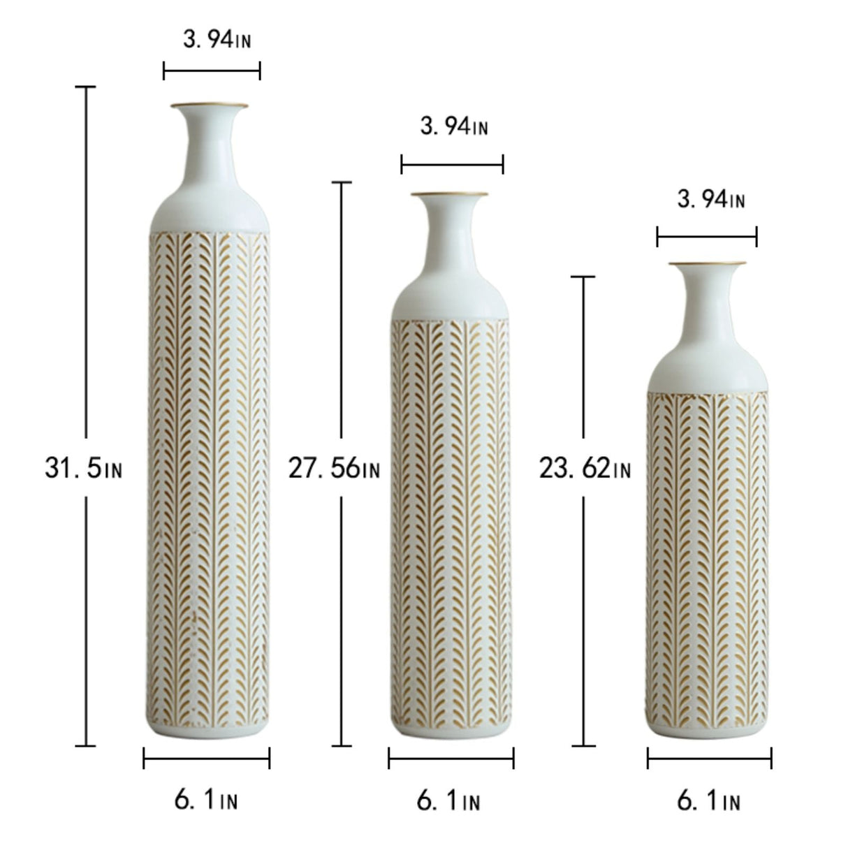 Floor Metal Vase Modern Style Decoration Home Metal Vase 3 Piece Set Gorgeous Home Decoration Large Glazed Metal Vase - Gold / White
