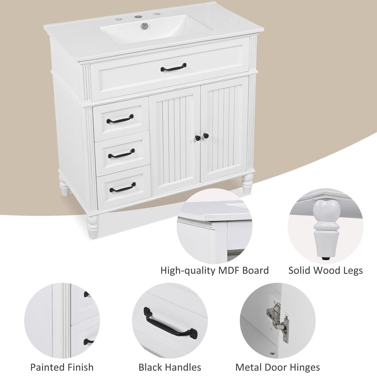 Bathroom Vanity With Sink, 2 Doors 2 Drawers, Freestanding Design