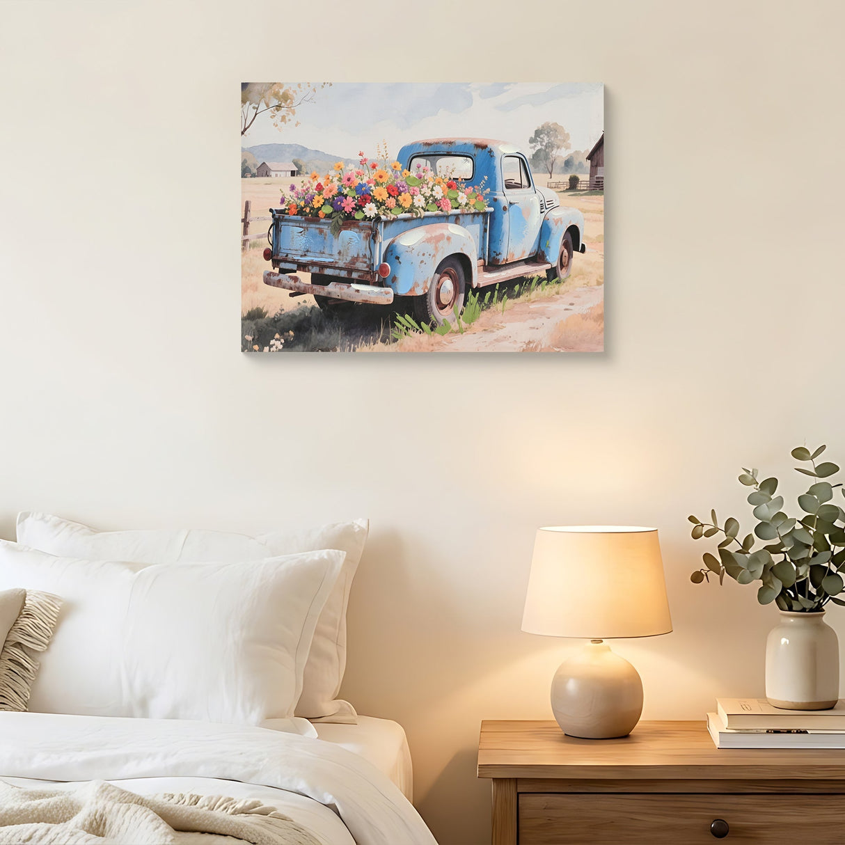 Farmhouse Old Truck Canvas Wall Art, Bloom Wall Art, Country Antique Pickup Truck Canvas Prints, Blue Truck With Red Floral Flower Art Prints for Farmhouse Spring Decor 12' Hx16' W Inches
