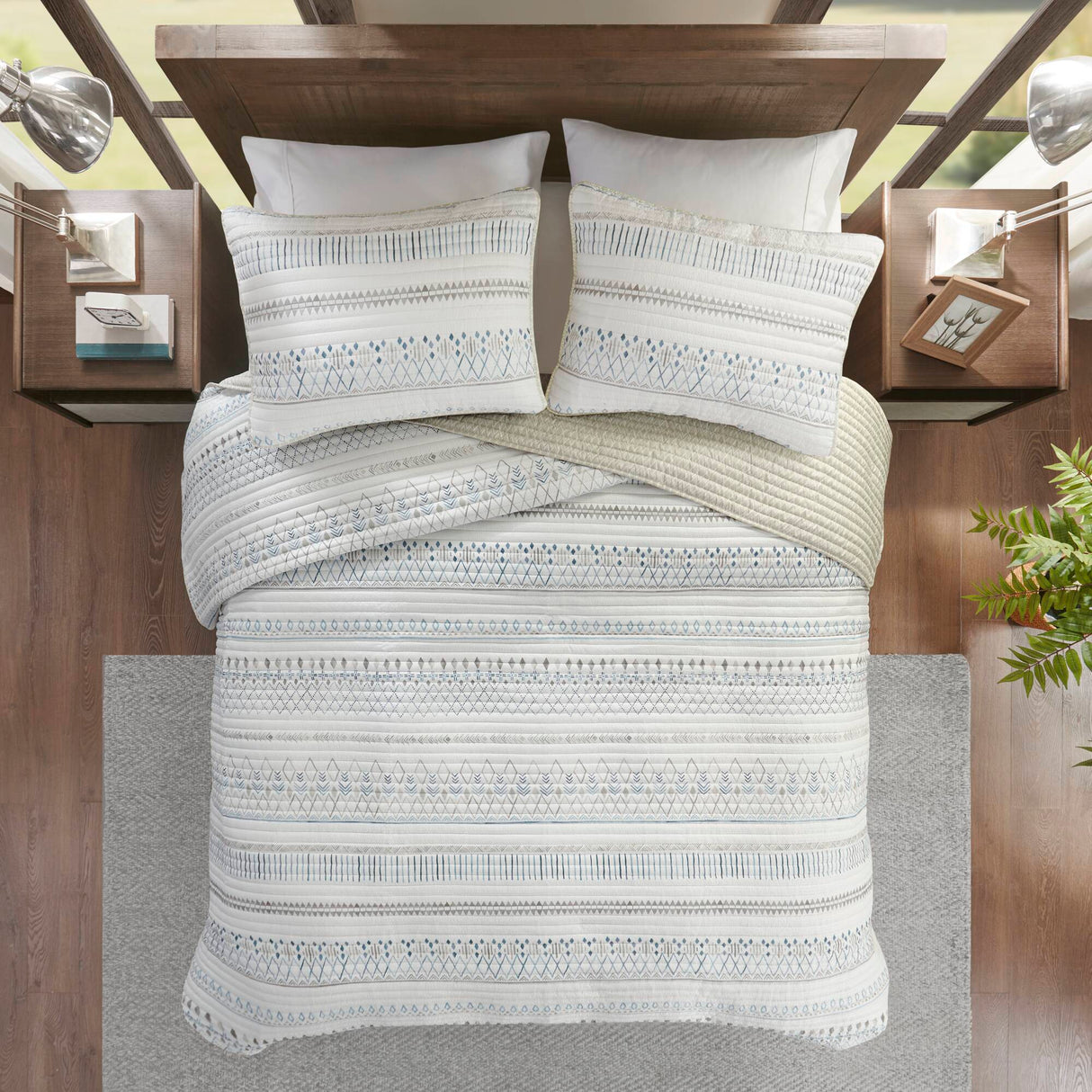 3 Piece Printed Microfiber Seersucker Quilt Set Taupe/Blue Full/Queen