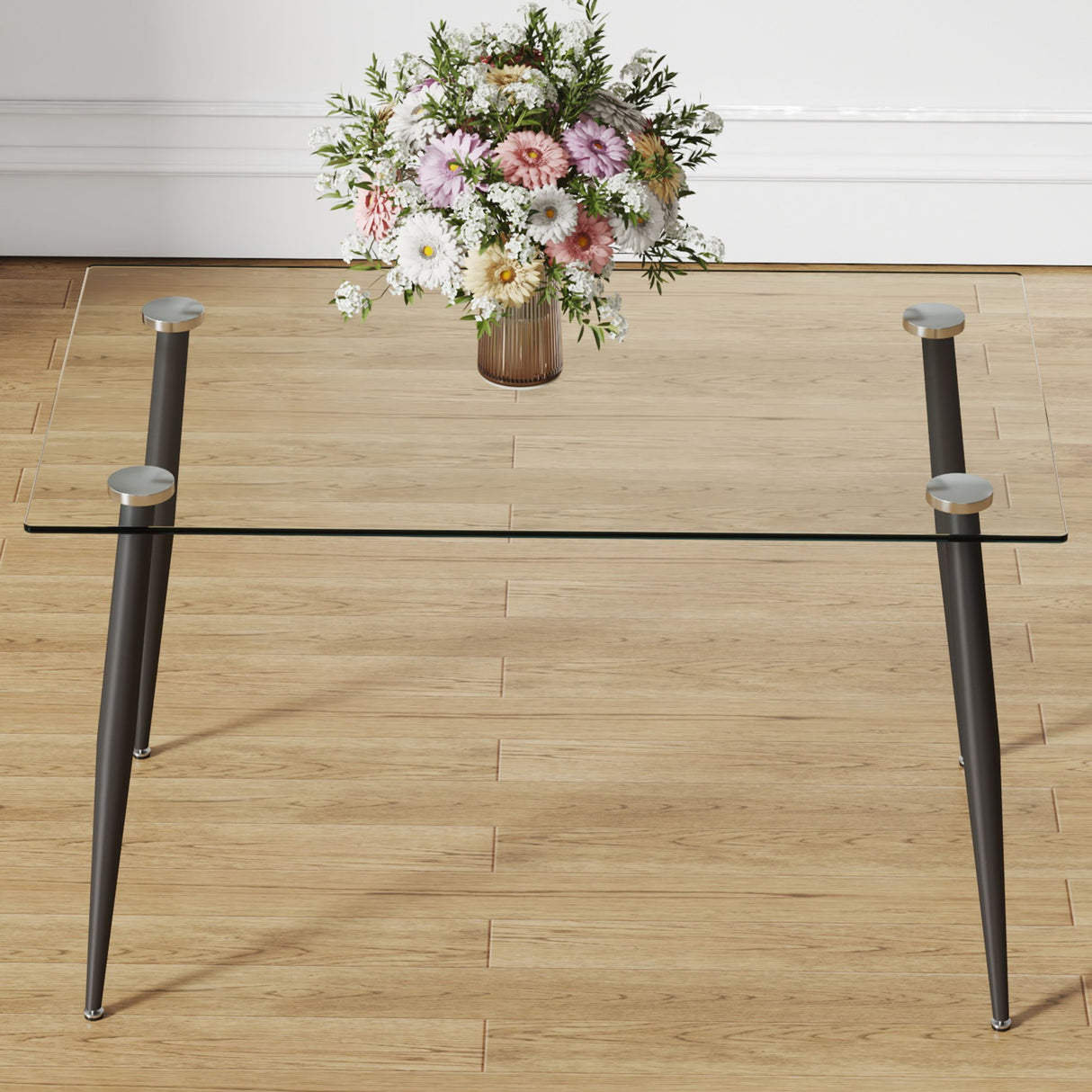 Modern Rectangular Glass Dining Table With Tempered Glass Top And Metal Legs For 4 - 6 People - Black / Transparent