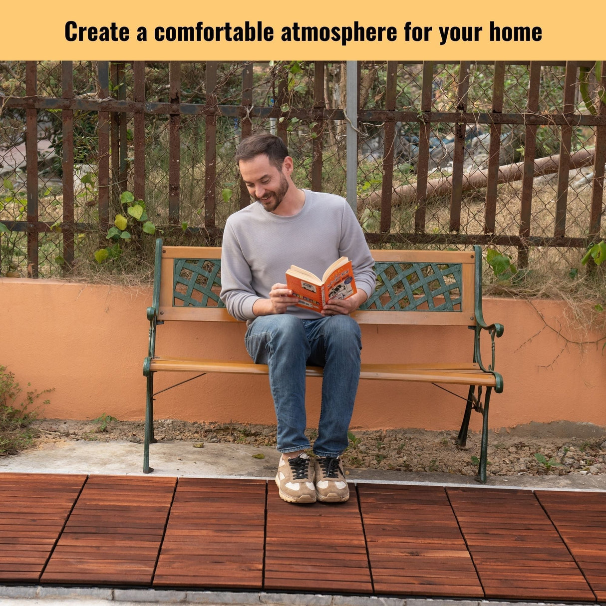 Interlocking Deck Tiles Striped Pattern Waterproof Brown