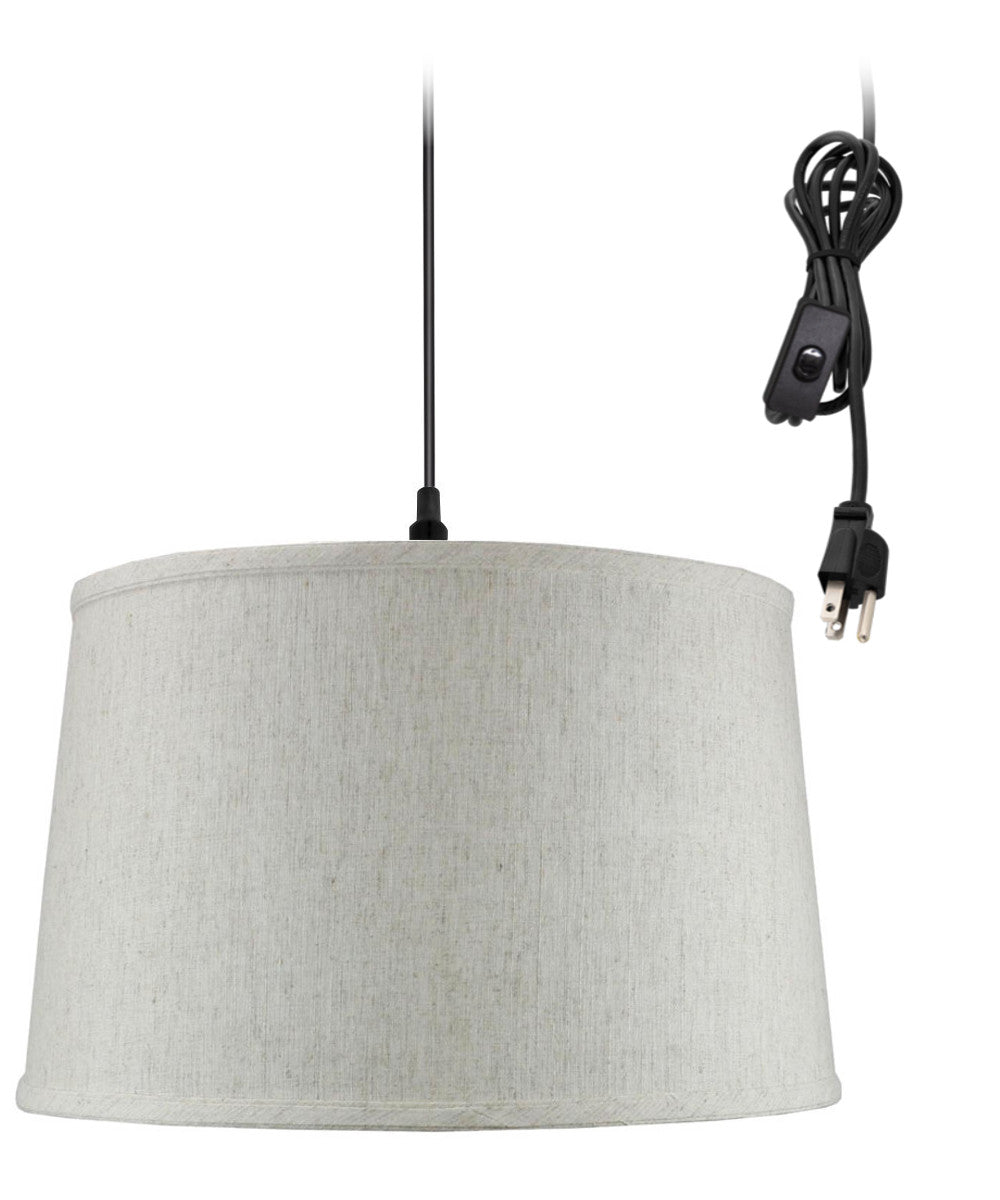 14"W 1 Light Swag Plug-In Pendant Shallow Drum Textured Oatmeal Shade Black Cord