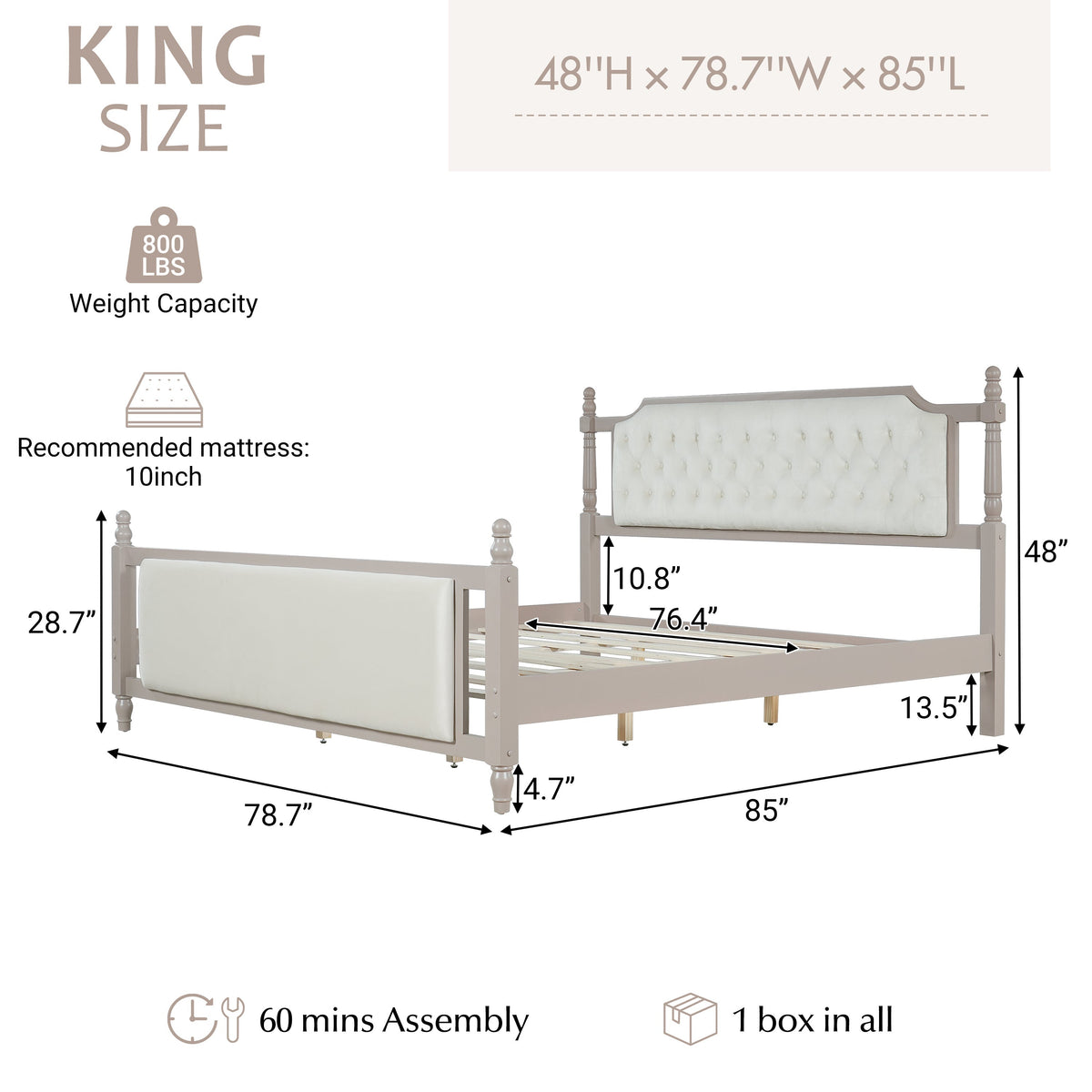 King Size Upholstered Platform Bed with Button Tufted Headboard