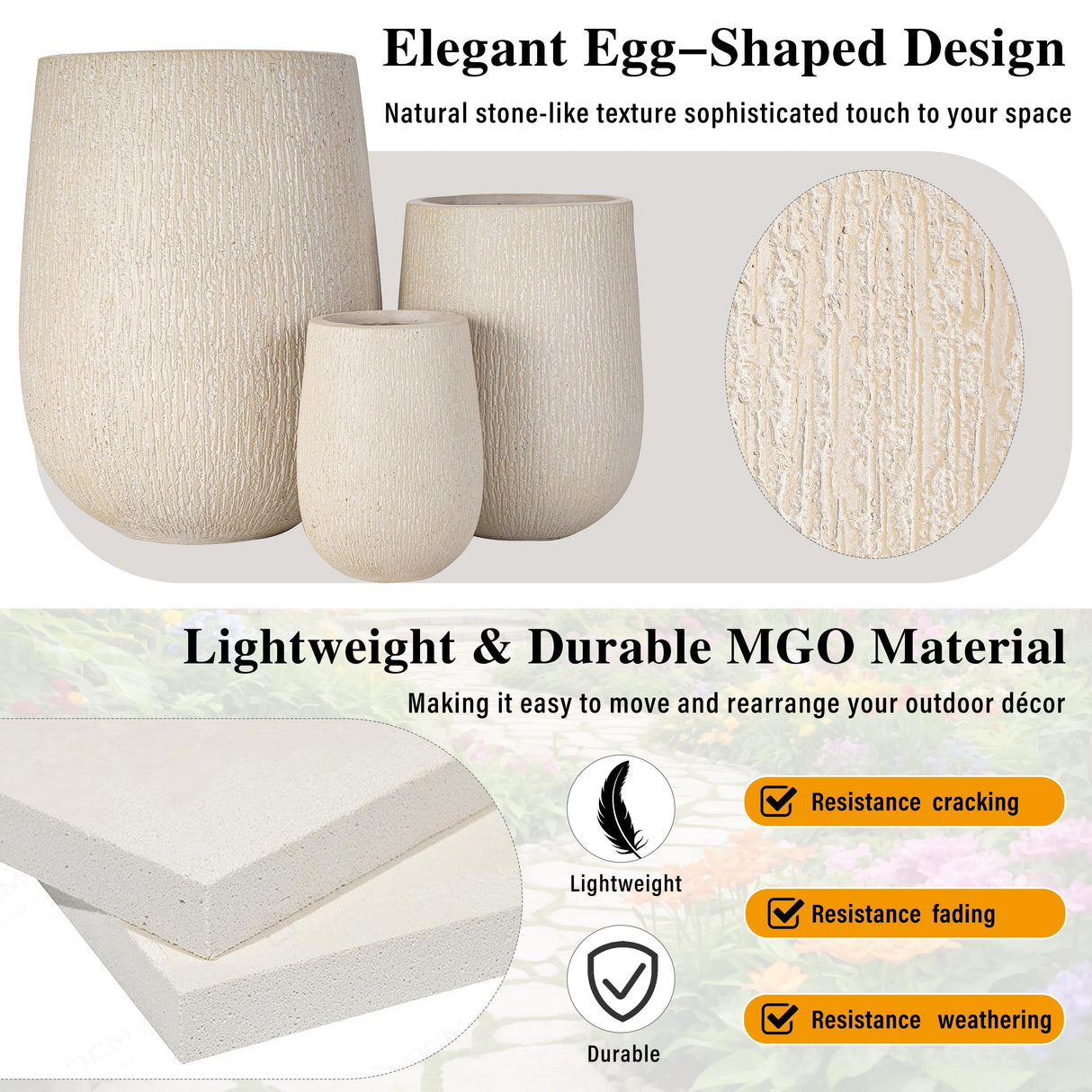 U_Style Egg-Shaped Lightweight MGO Outdoor Planter Set of 3