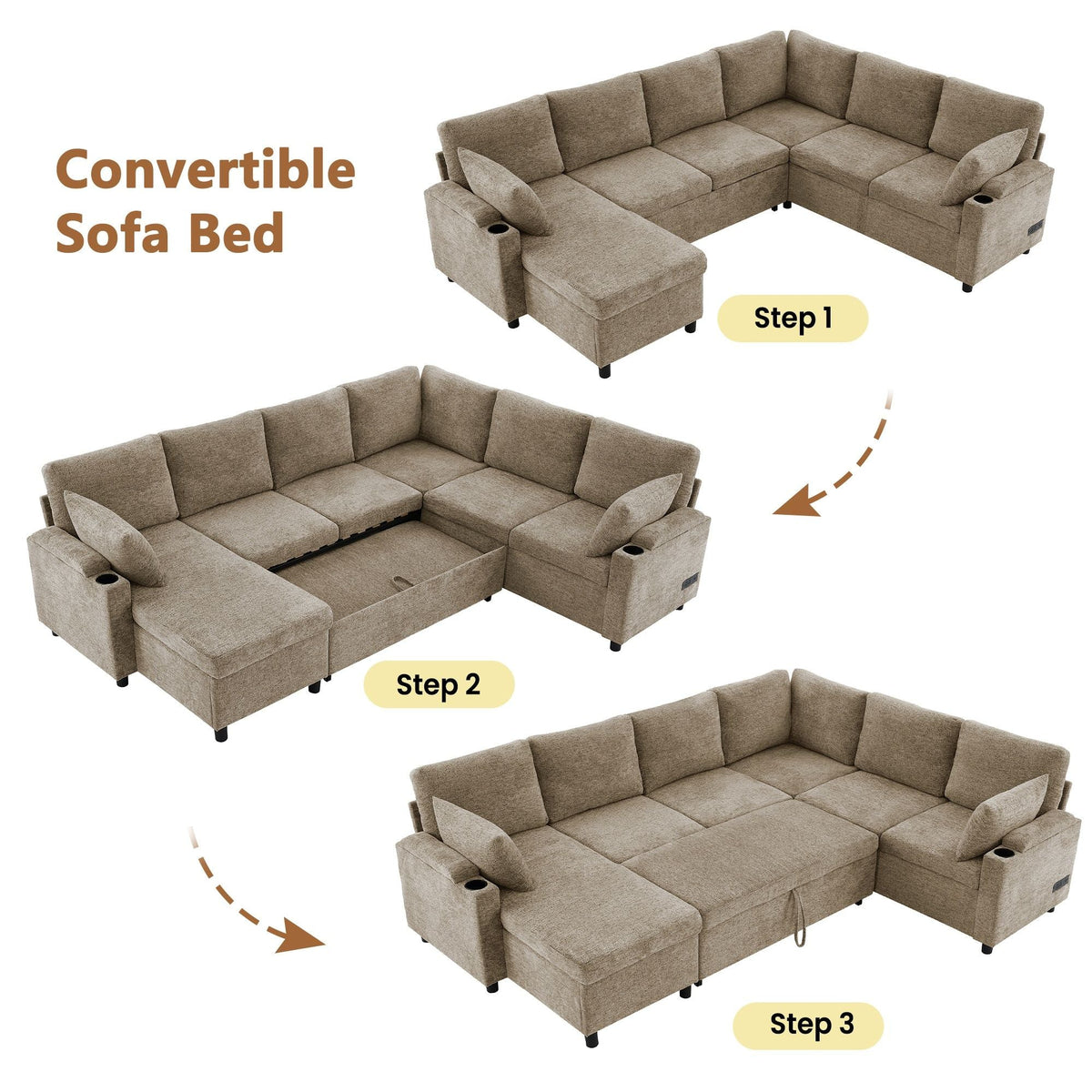 U-Shaped Sectional Sofa Bed With Storage, Charging Ports, And Cup Holders - Brown