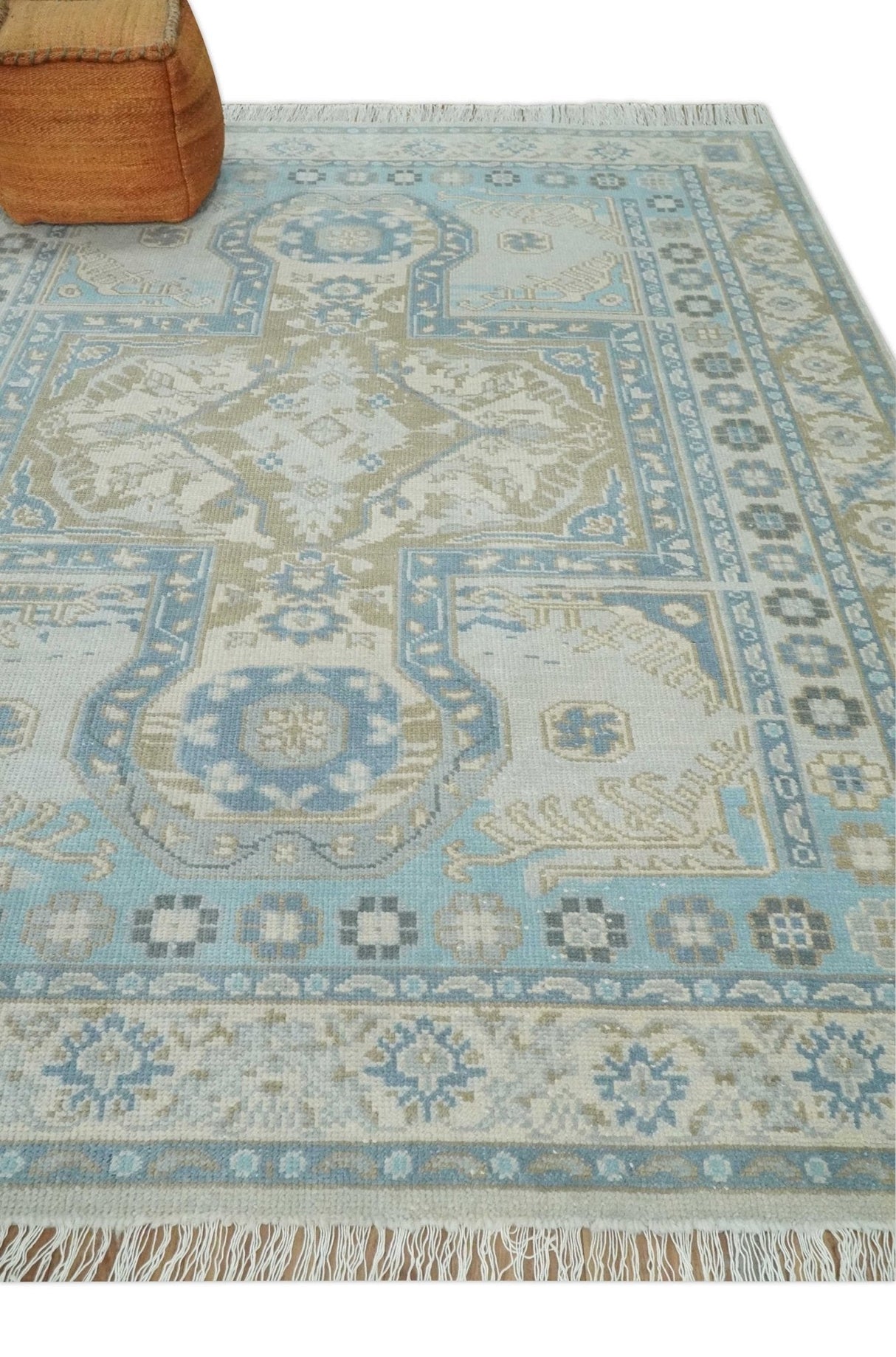 8x10 Hand Knotted Traditional Turkish Blue And Beige Low Pile Area Rug