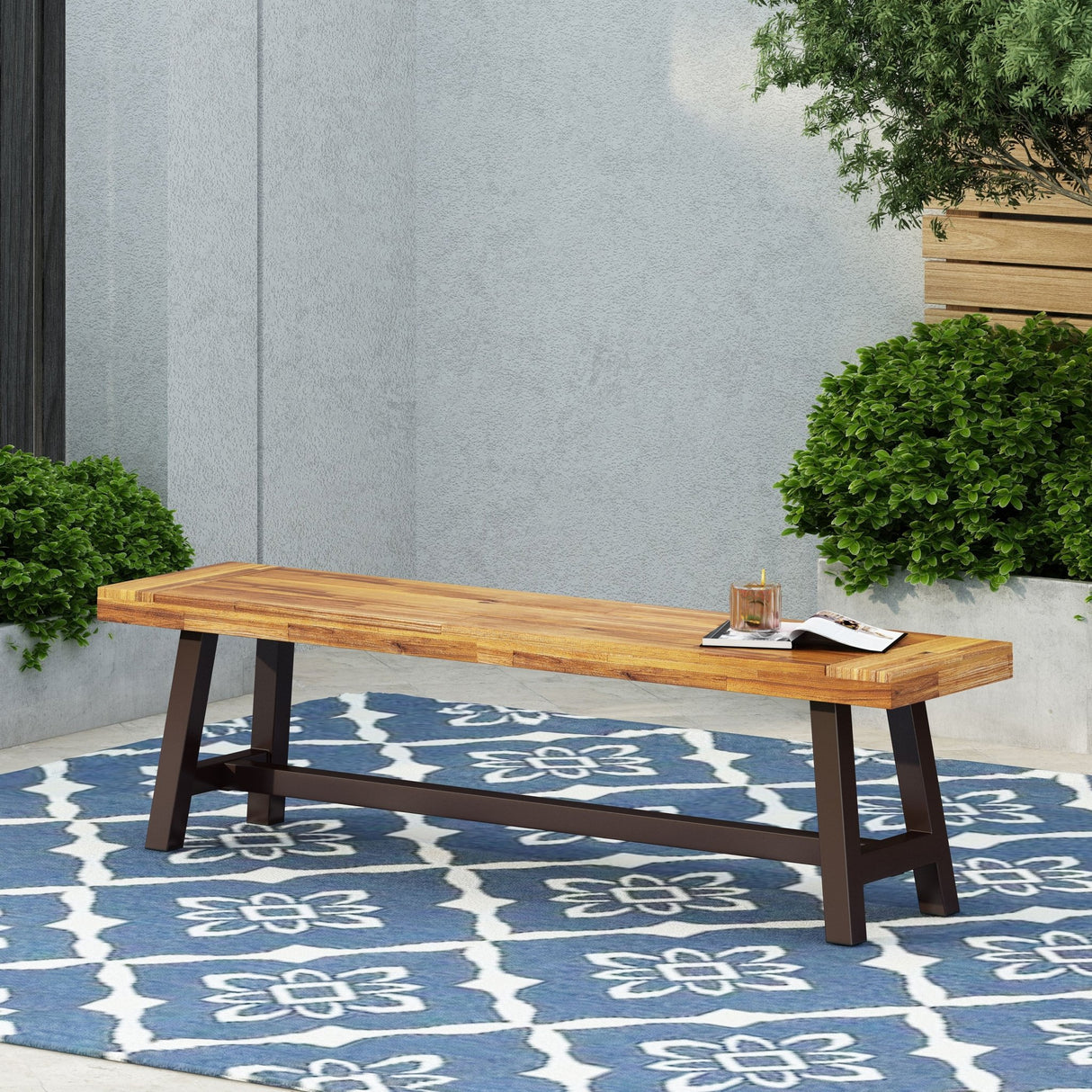 Carlisle-outdoor-acacia-wood-&-rustic-metal-bench-Sandblast-Finish-/-Rustic-Metal-Outdoor-Benches