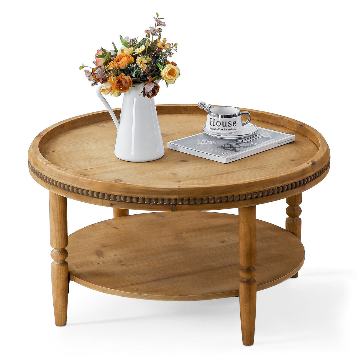 31.3' Round Boho Coffee Table with Storage Shelf