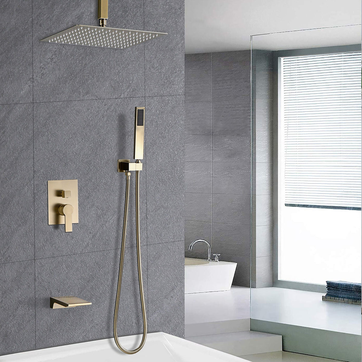 Contemporary Shower System With 12" Rainfall Head And Handheld Spray, Wall Mounted