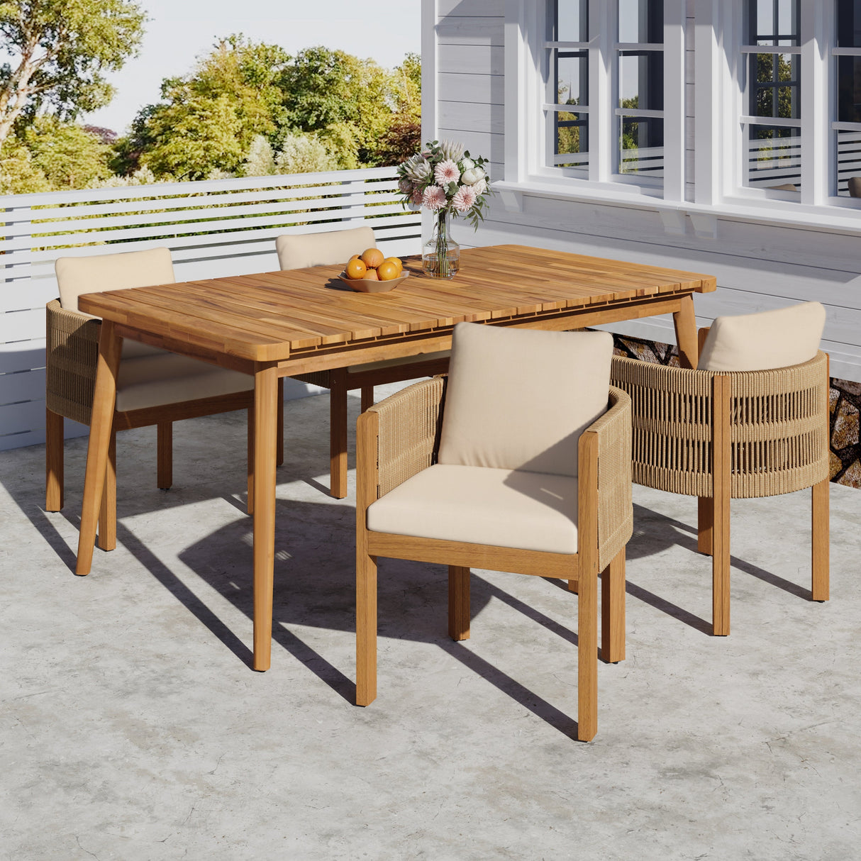 Outdoor Dining Set with Acacia Wood Table and 4 Chairs - Beige