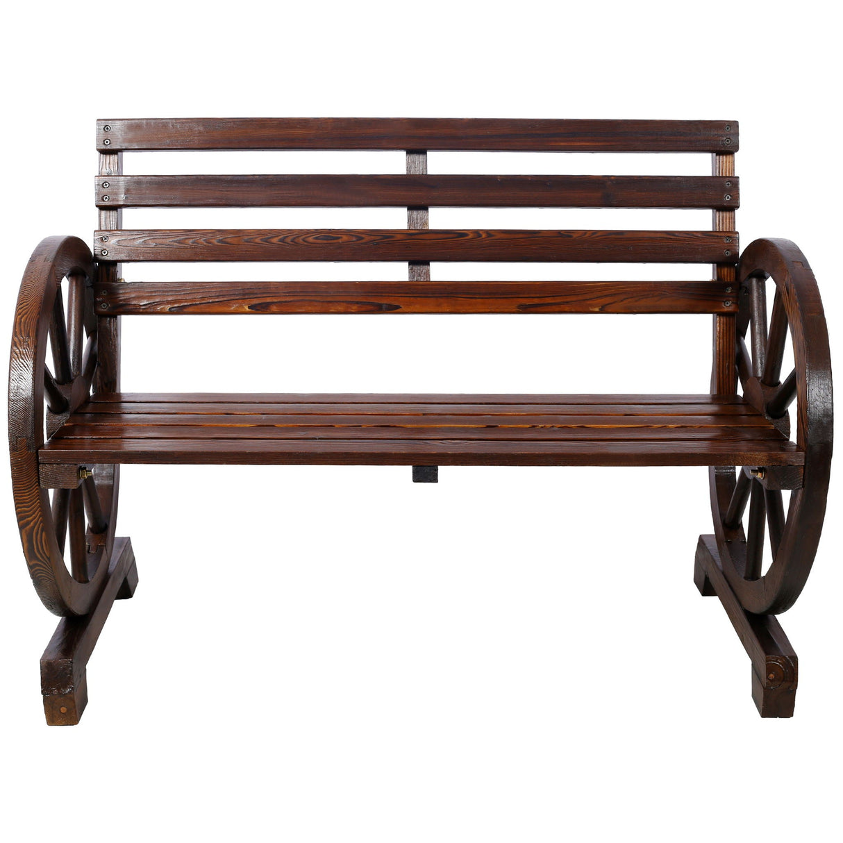Rustic Country 2 Person Wooden Wagon Wheel Bench With Slatted Seat And Backrest - Brown