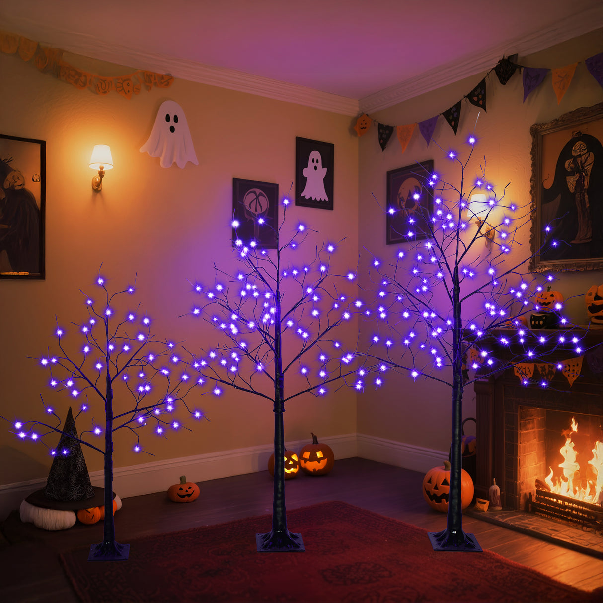 3-Pc-Illuminated-Halloween-Tree-with-Purple-LED-Glow-