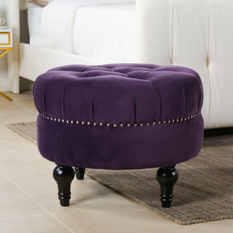 Dawn-Tufted-Round-Ottoman-Nailhead-Accents,-Purple-Velvet-