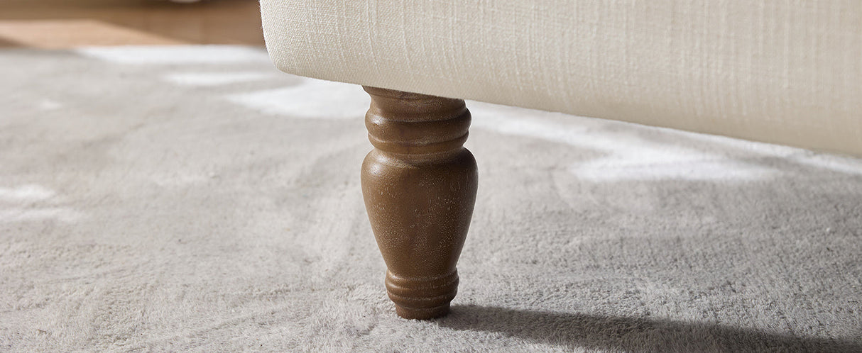 Vintage Upholstered Linen Fabric Armchair with Antique Solid Wood Legs