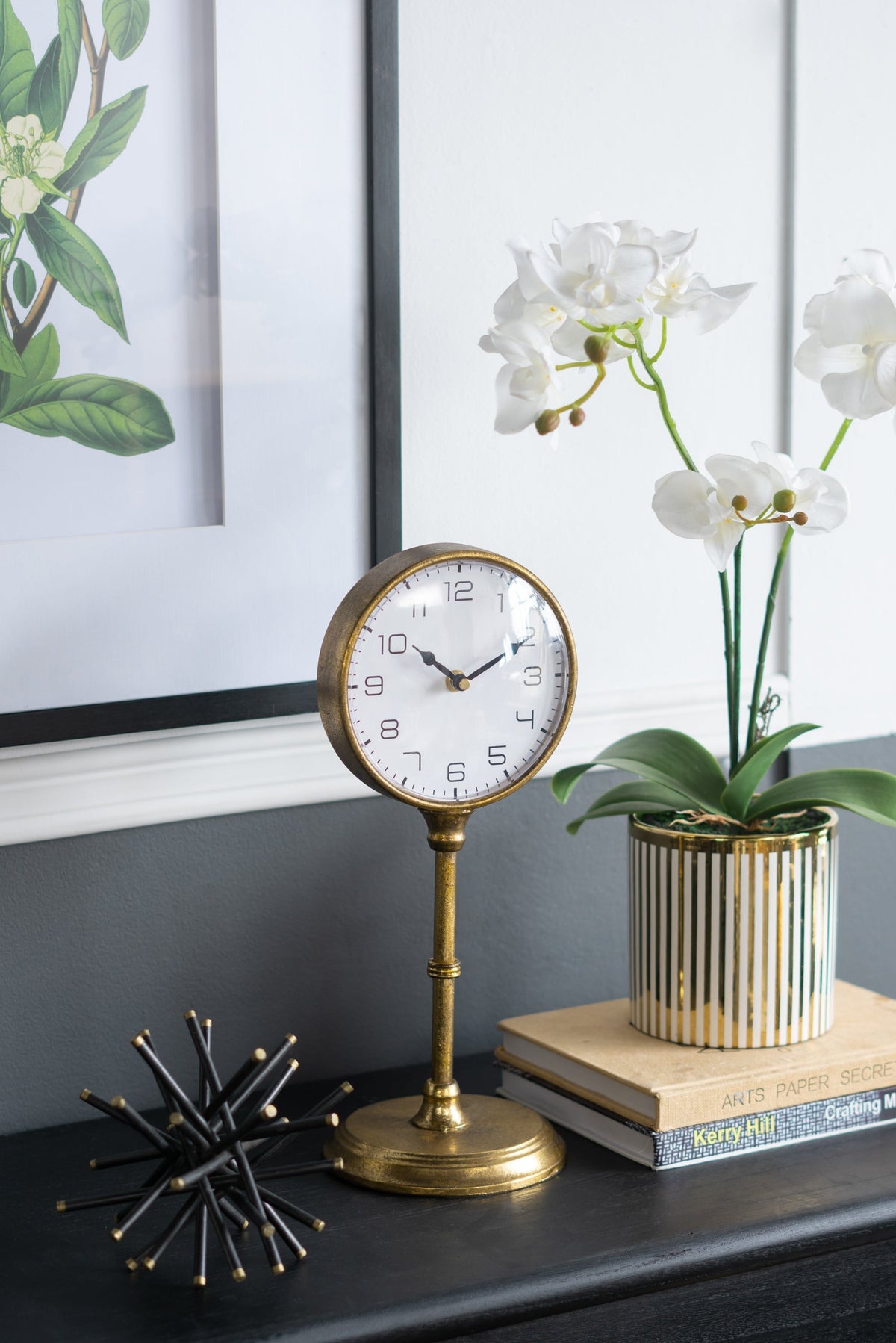 Vintage Inspired Gold Iron Table Clock with Pedestal Design - Gold