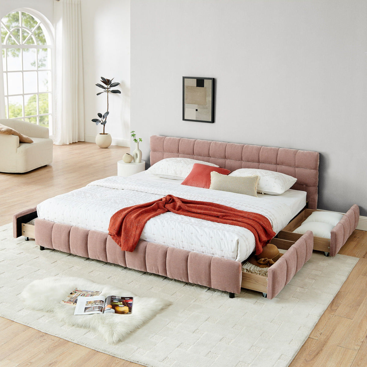 Modern Platform Bed Frame With Thick Fabric