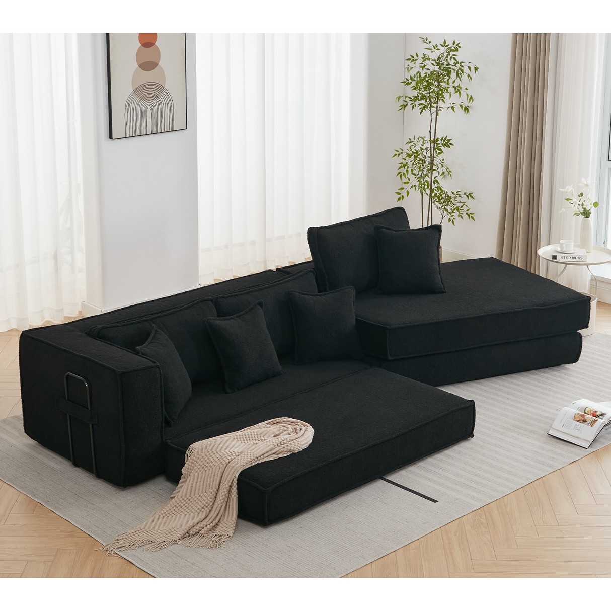 Folding Convertible Out Sleeper Sofa Bed 3-Seat Black