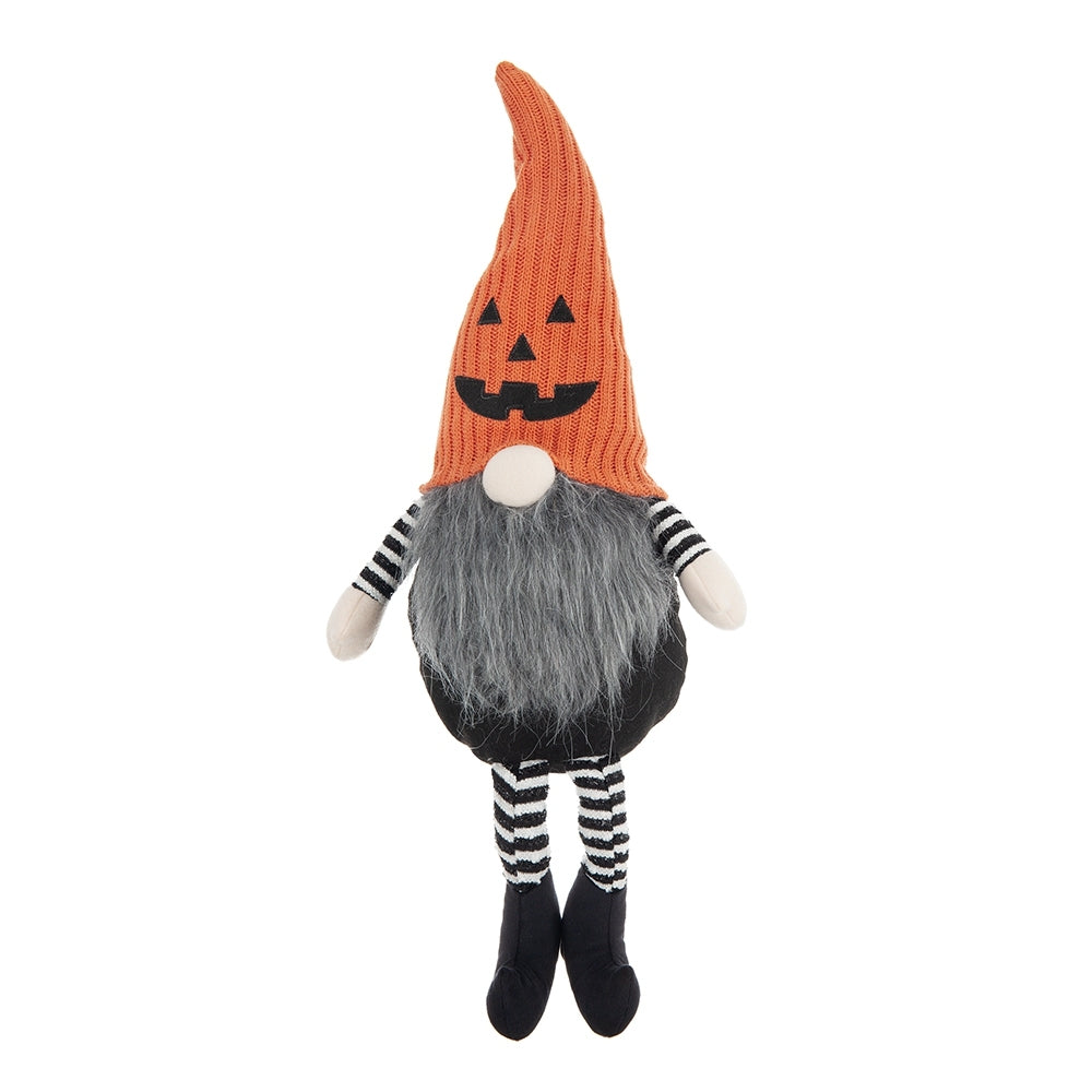 23.5" Seated Jack-O'-Lantern Gnome With Striped Limbs and Faux Fur Beard