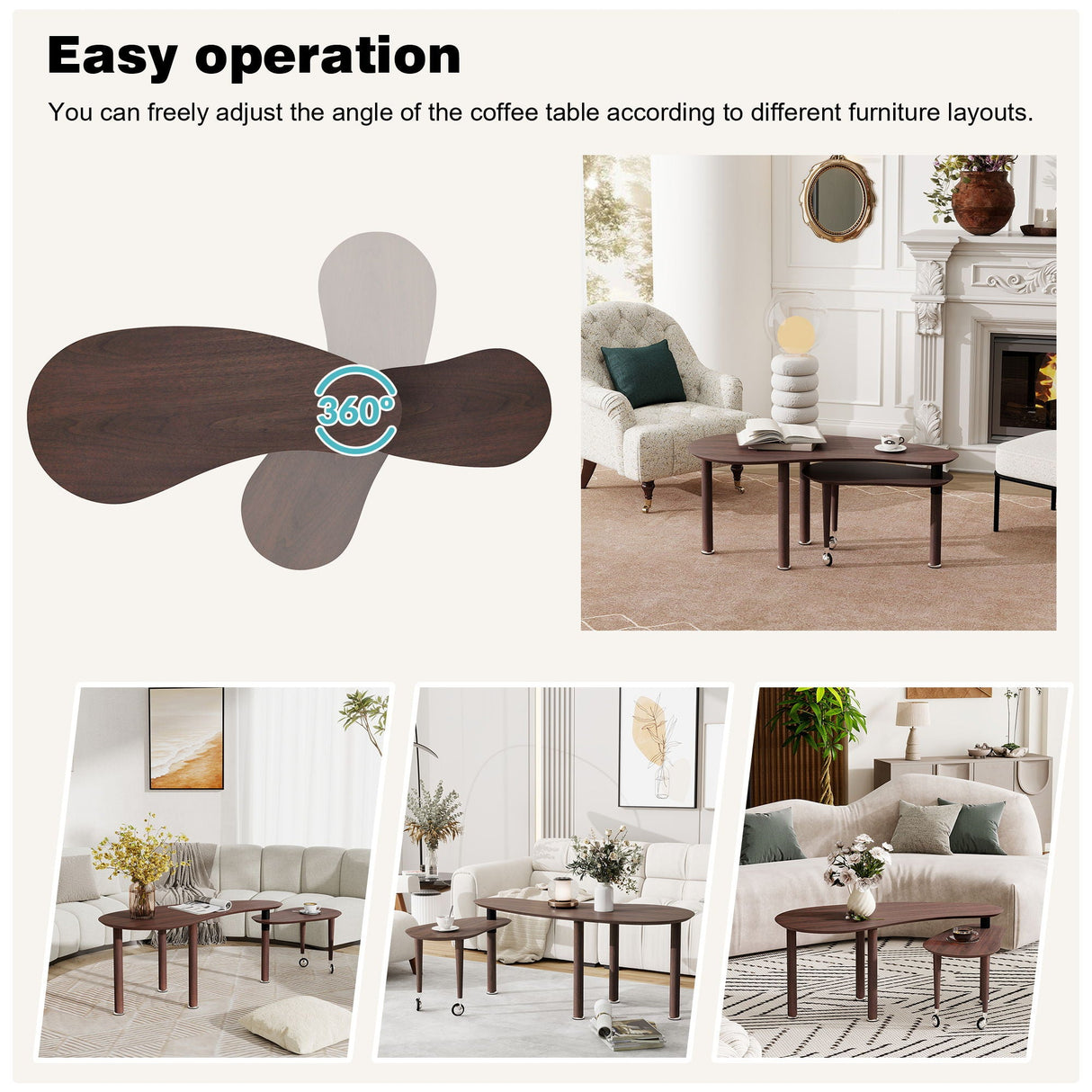 Rotatable Coffee Table With Solid Legs, 360 Degree Swivel, Waterproof - Walnut