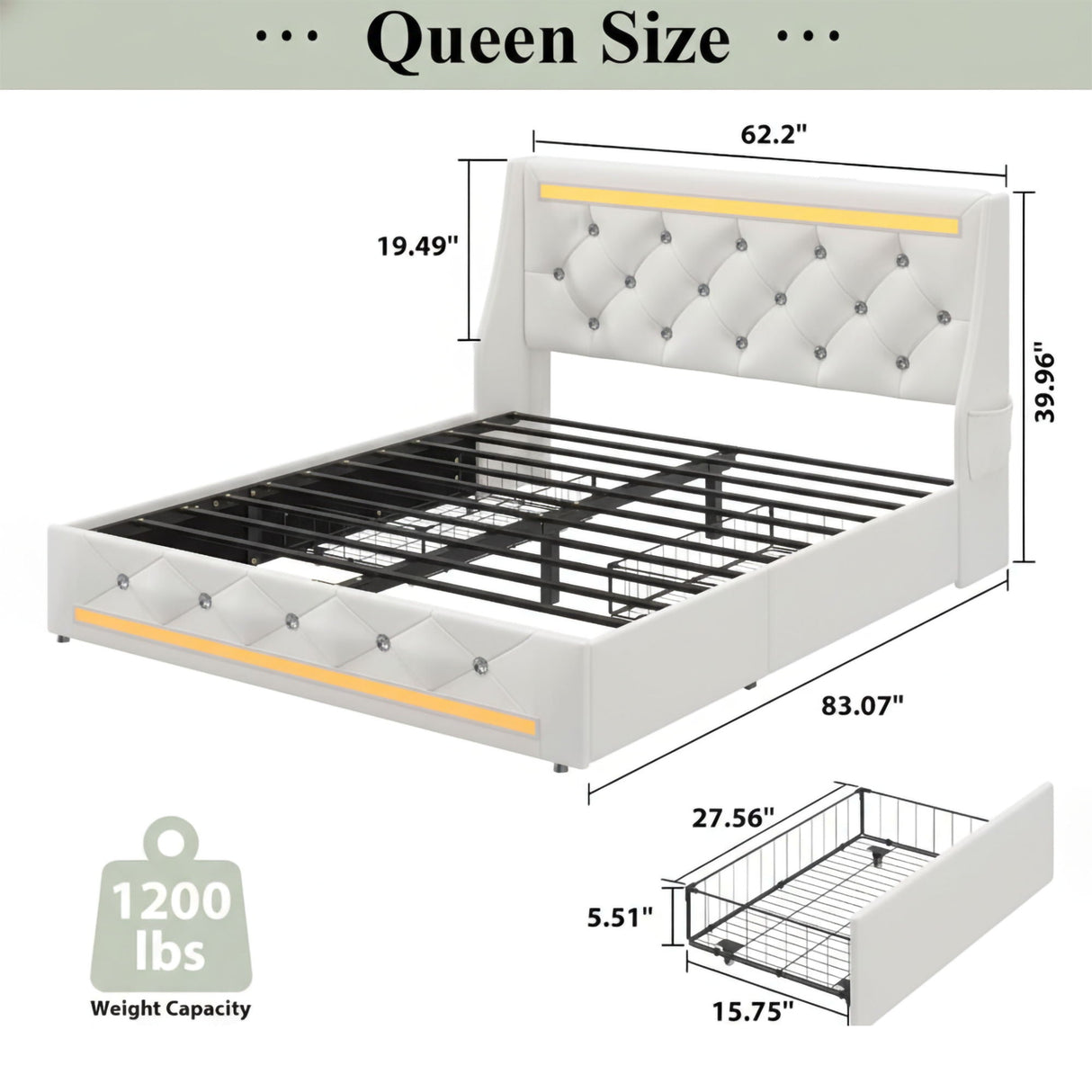 Wingback Upholstered Bed Frame With LED Lights, Charging Station