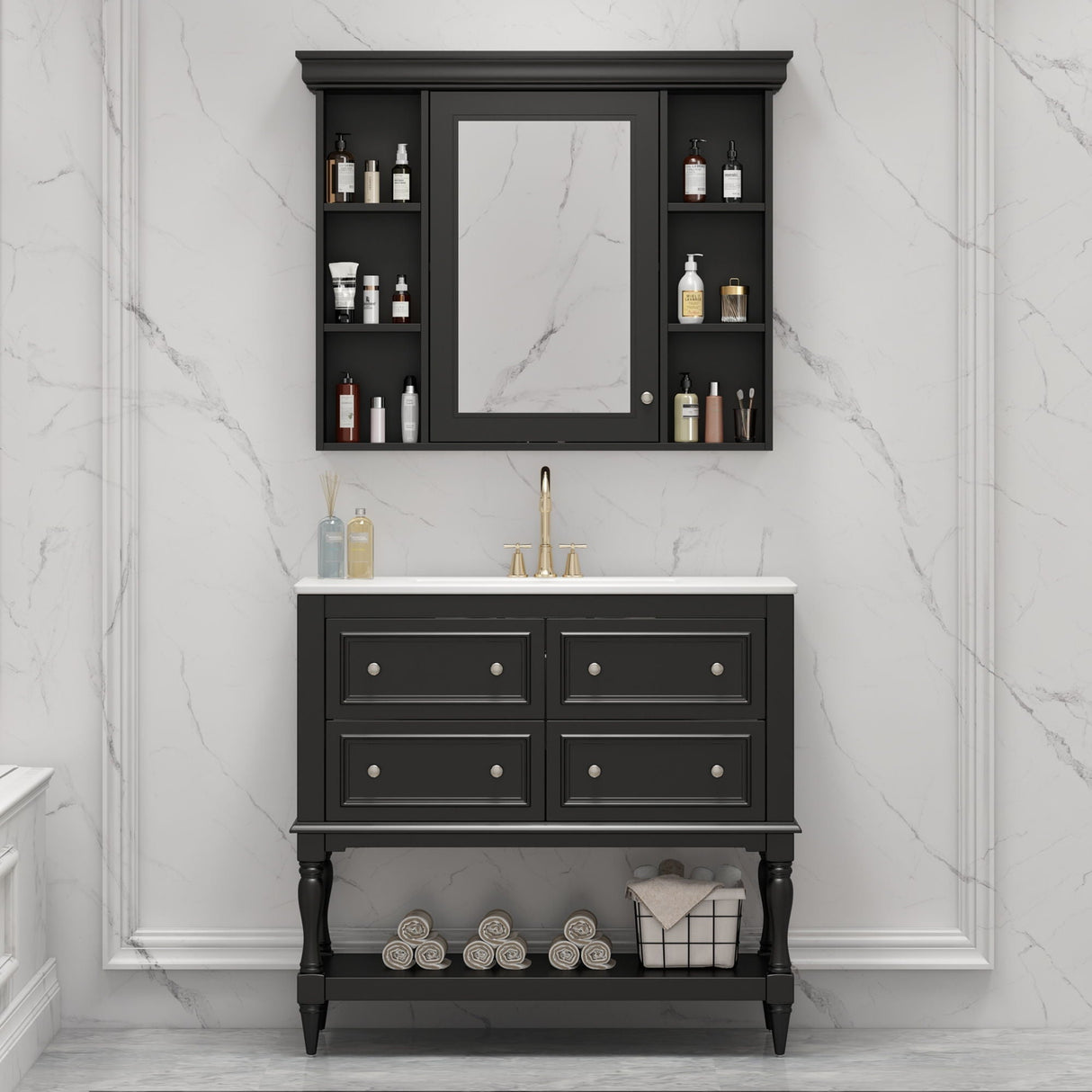 Bathroom Vanity with Medicine Cabinet, Storage Cabinet with 4 Drawers, Adjustable Shelf Mirror