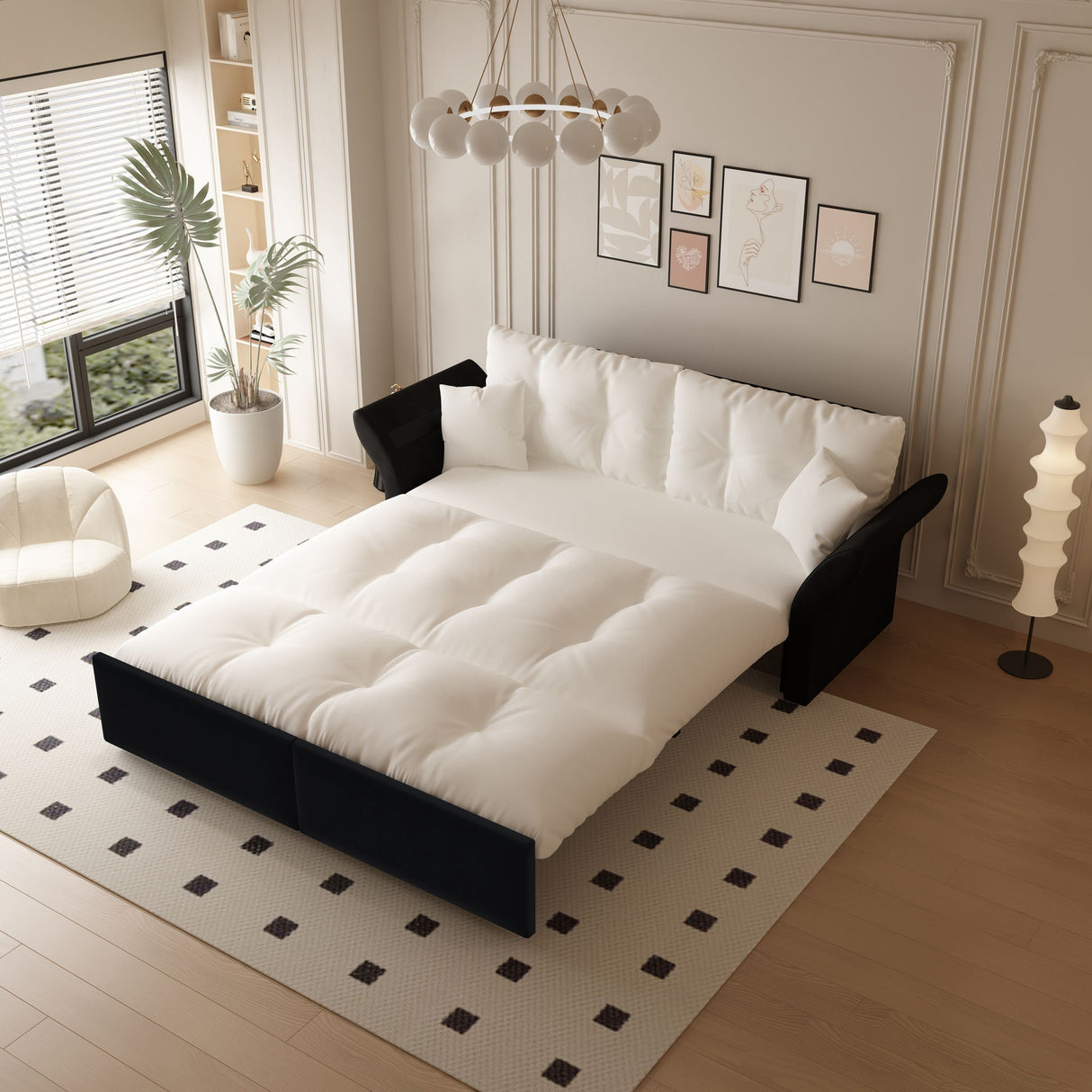 Queen Pull Out 3-in-1 Convertible Sleeper Tufted Sofa & 2 Soft Pillows