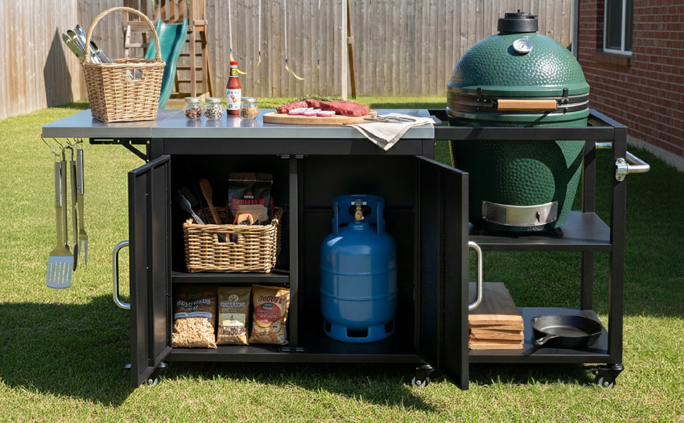 K&K 76.6' Outdoor Grill Cart with Storage Cabinet