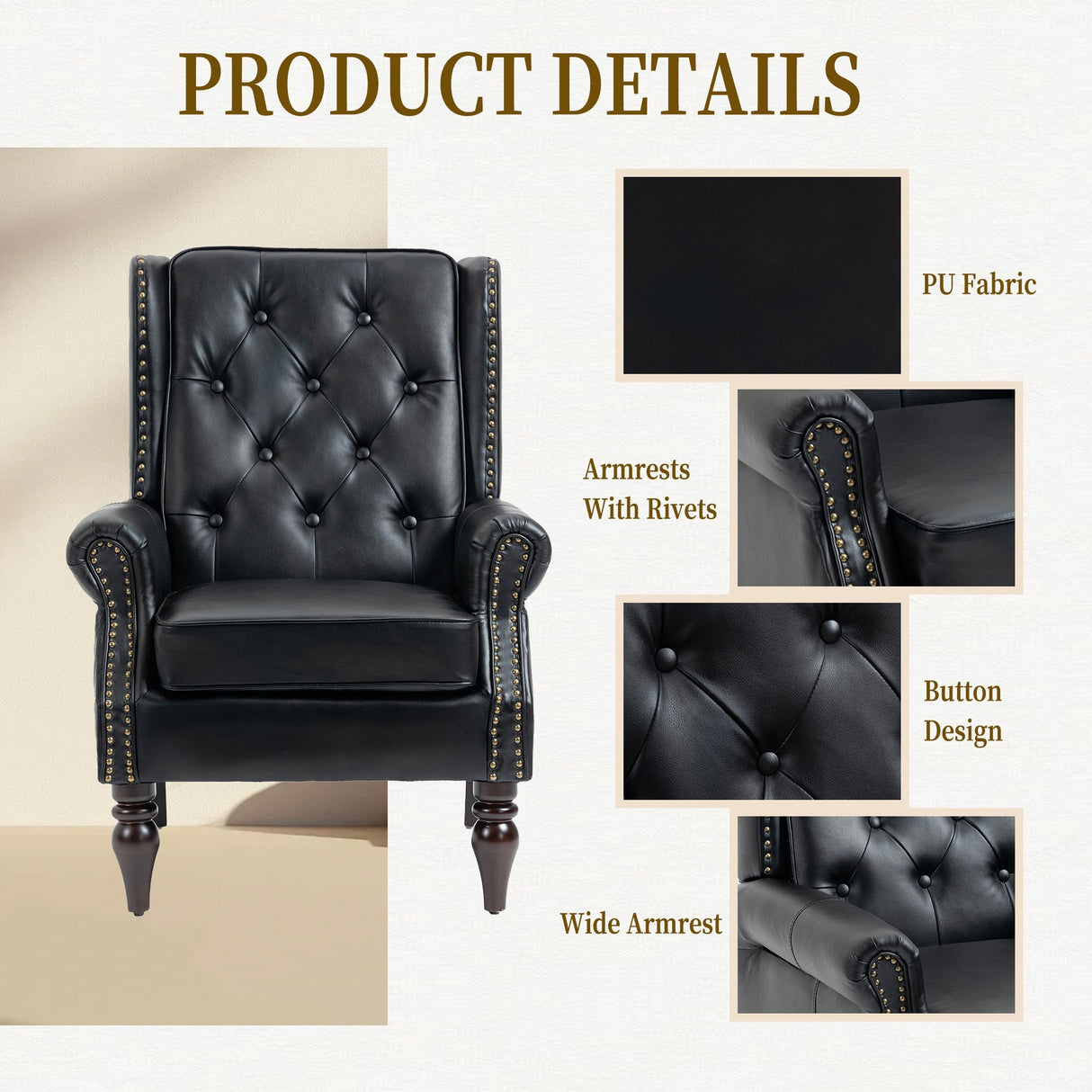 Modern Accent Armchair with Black PU Leather and Wood Legs