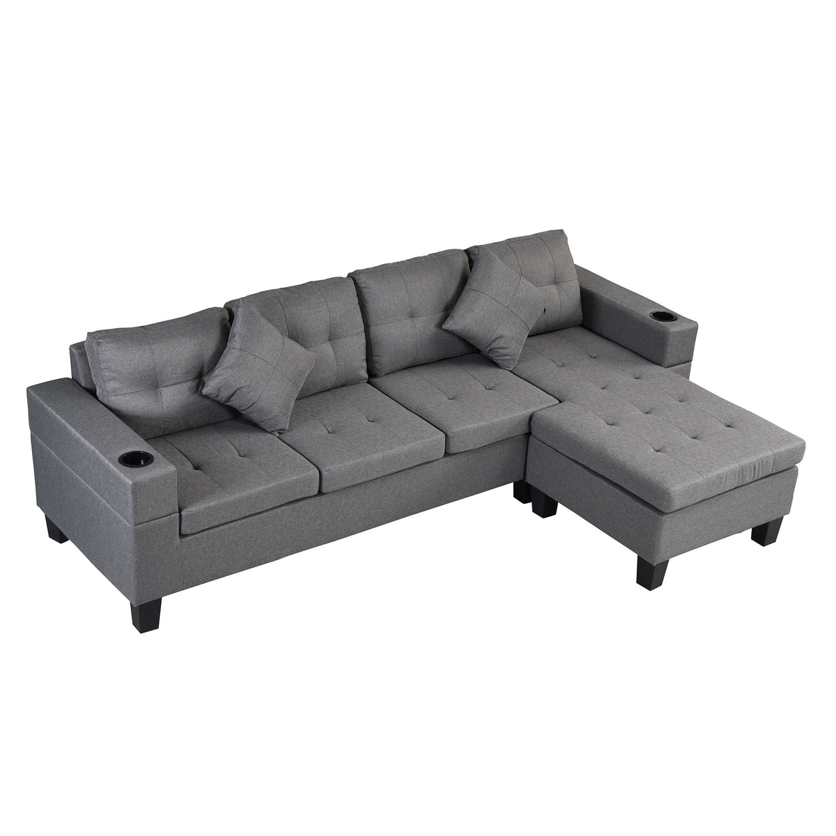 Modern Sectional Sofa Set With L Shape Chaise Lounge, Cup Holder, 4 Seat - Gray