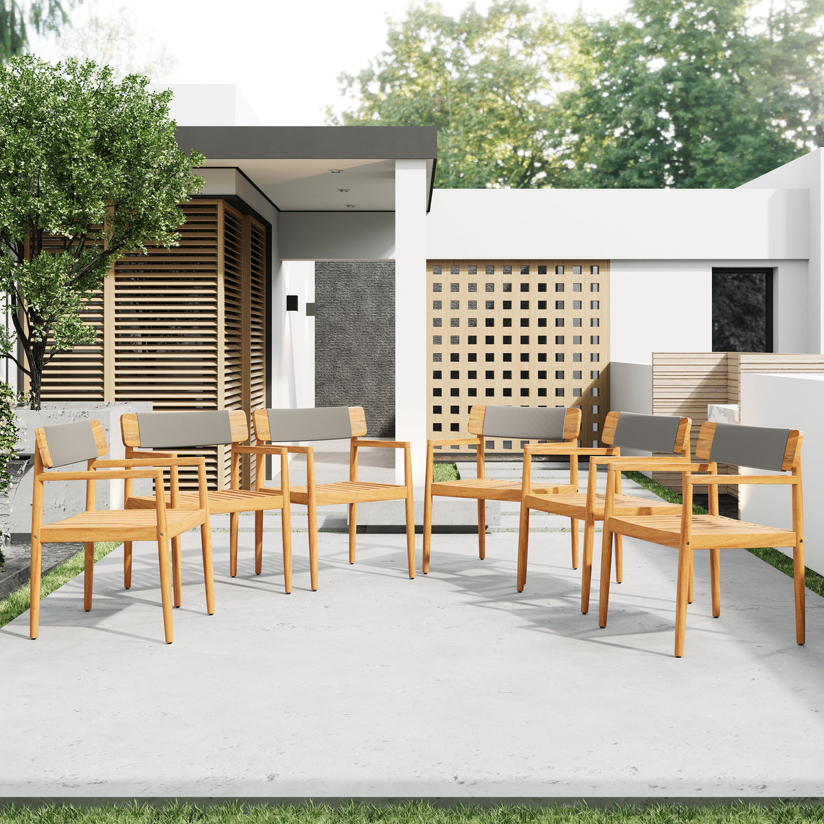 Creative Braided Acacia Wood Outdoor Dining Chairs with Armrests - Grey