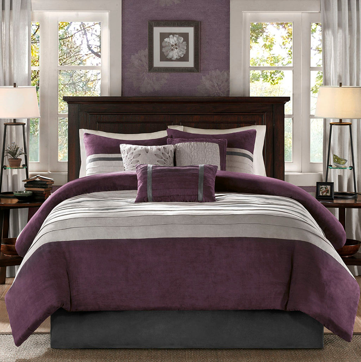 7 Piece Faux Suede King Comforter Set with Hypoallergenic Filling - Purple