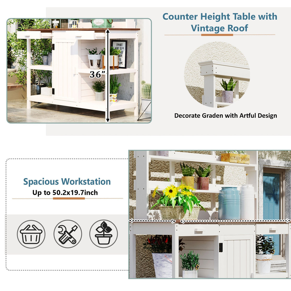 Topmax 66' Large Outdoor Farmhouse Wooden Potting Bench Table