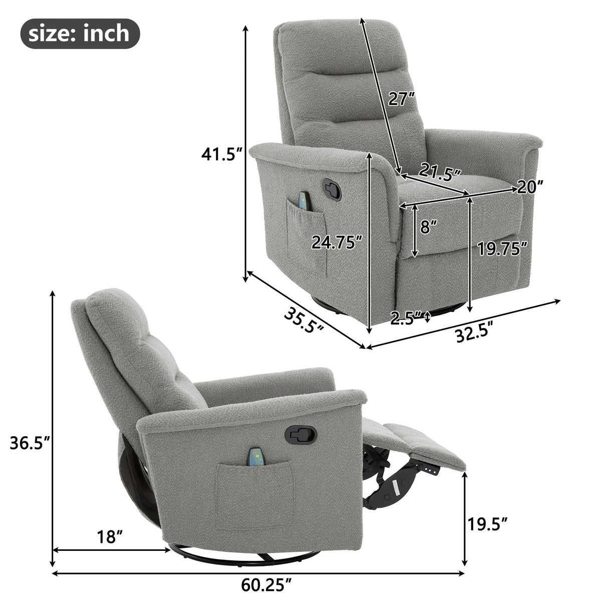 Manual Recliner Chair With 8-Point Massage and Swivel Function