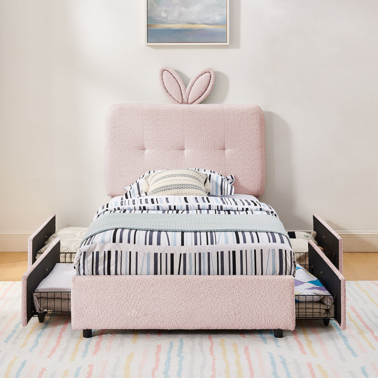 Twin Size Kids Upholstered Bed with Oversized Rabbit Ear Headboard, LED Light & 4 Storage Drawers, Boucle Fabric (79.5''X40.75''X41'')
